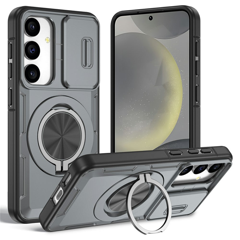For Samsung Galaxy S24  /  S25 Magnetic Case Slide Camera Cover Rotary Kickstand PC + TPU Phone Shell