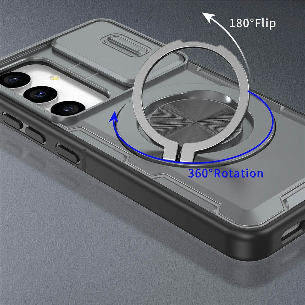 For Samsung Galaxy S24  /  S25 Magnetic Case Slide Camera Cover Rotary Kickstand PC + TPU Phone Shell