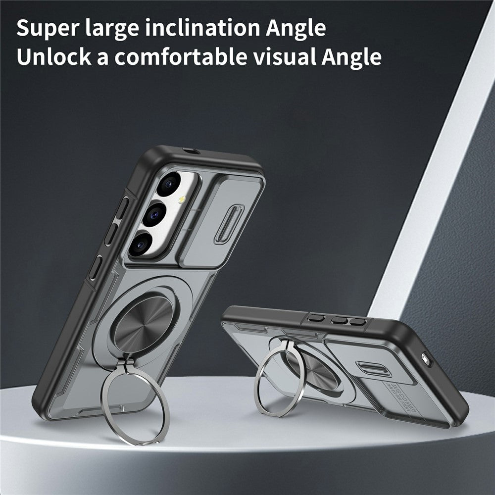 For Samsung Galaxy S24  /  S25 Magnetic Case Slide Camera Cover Rotary Kickstand PC + TPU Phone Shell