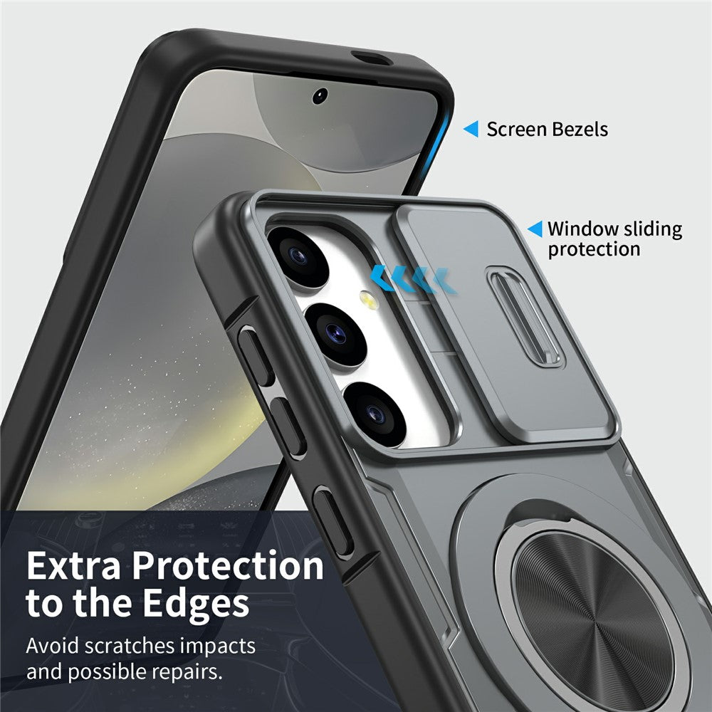 For Samsung Galaxy S24  /  S25 Magnetic Case Slide Camera Cover Rotary Kickstand PC + TPU Phone Shell