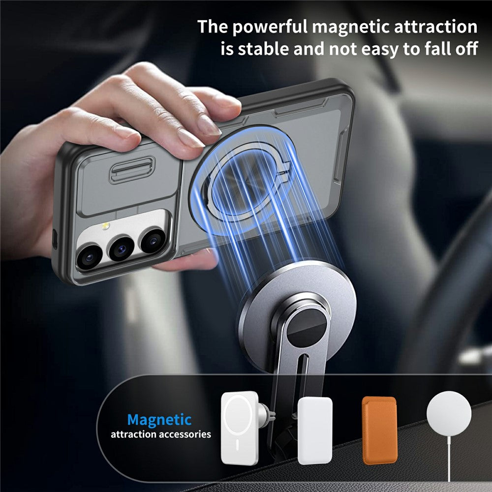 For Samsung Galaxy S24  /  S25 Magnetic Case Slide Camera Cover Rotary Kickstand PC + TPU Phone Shell
