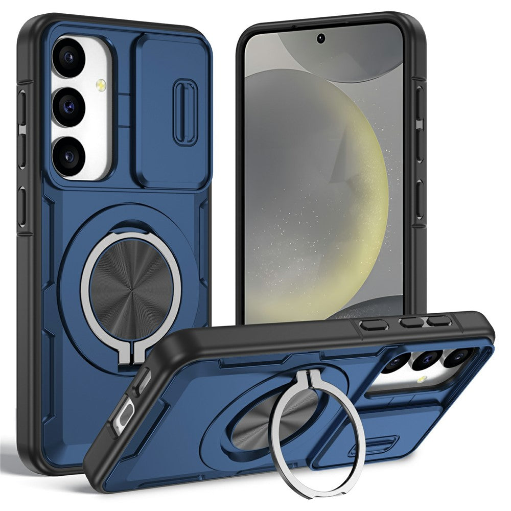 For Samsung Galaxy S24  /  S25 Magnetic Case Slide Camera Cover Rotary Kickstand PC + TPU Phone Shell