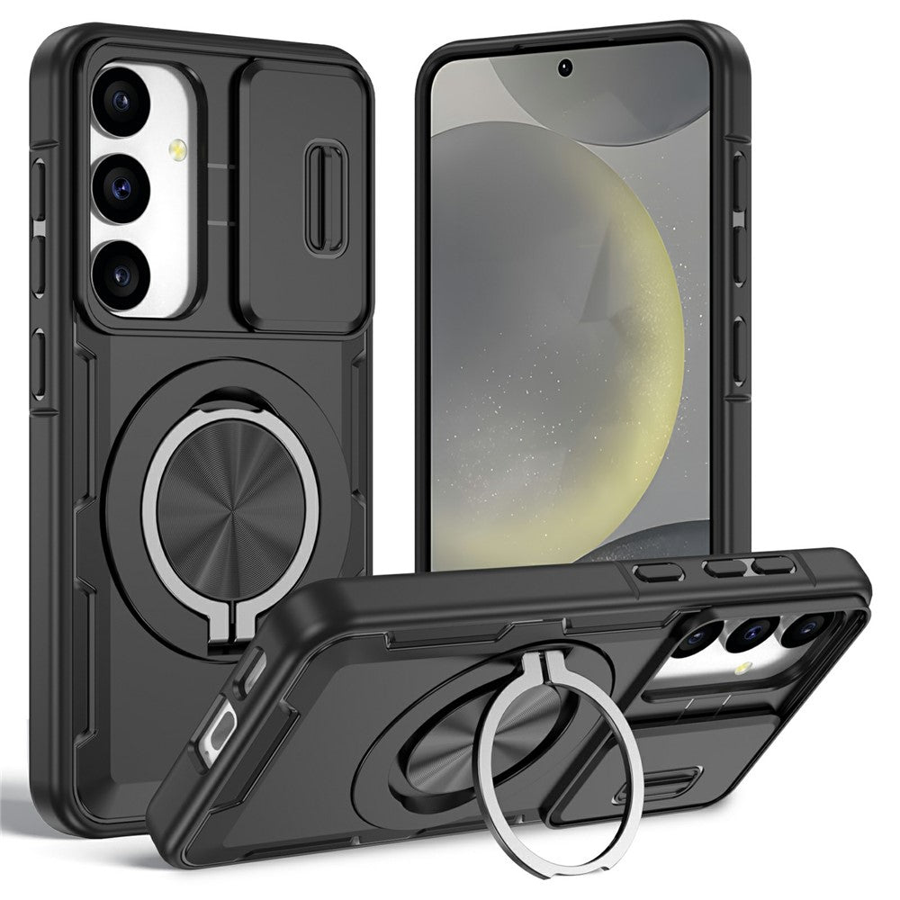 For Samsung Galaxy S24  /  S25 Magnetic Case Slide Camera Cover Rotary Kickstand PC + TPU Phone Shell