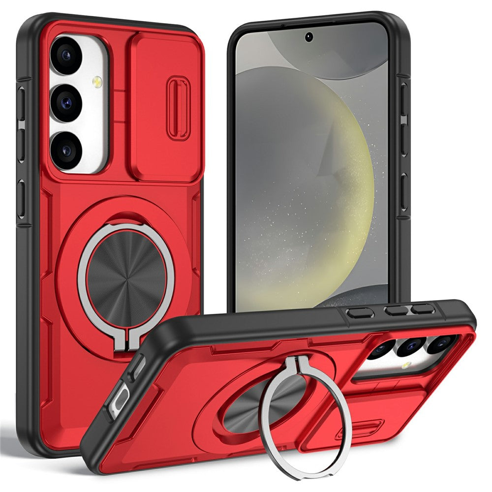 For Samsung Galaxy S24  /  S25 Magnetic Case Slide Camera Cover Rotary Kickstand PC + TPU Phone Shell