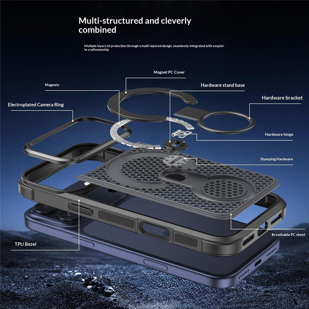 Magnetiskt skal till iPhone 18 Pro/17 Pro med 360° roterbart ringstativ, värmeavledande bikakemönstrat PC + TPU-skal kompatibelt med Magsafe