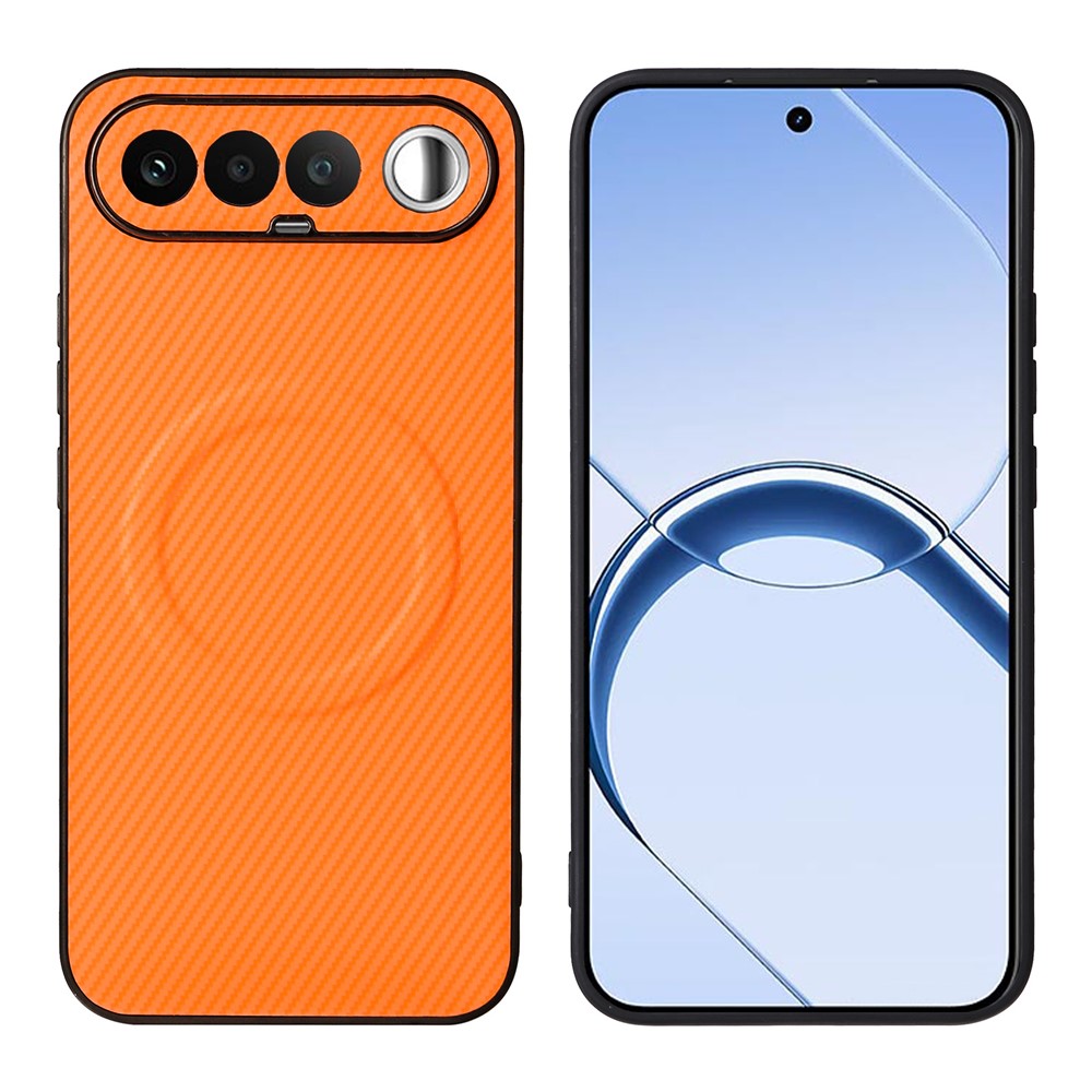 Realme 16 5G-cover med kulfibertekstur, læderbeklædt TPU-PC-mobilcover med metalring til magnetisk bilholder