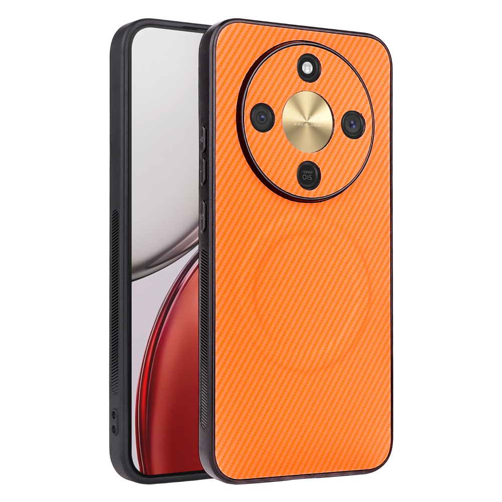 Honor X70 5G / X9d 5G / Magic8 Lite 5G-etui med kulfibertekstur, læderbelægning, TPU-PC-mobilcover med metalring til magnetisk bilholder