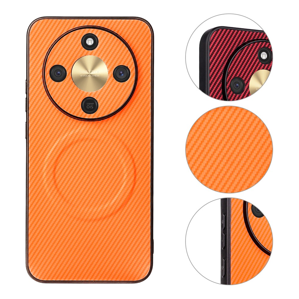 Honor X70 5G / X9d 5G / Magic8 Lite 5G-etui med kulfibertekstur, læderbelægning, TPU-PC-mobilcover med metalring til magnetisk bilholder