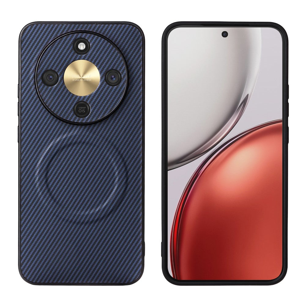 Honor X70 5G / X9d 5G / Magic8 Lite 5G-skal med kolfibertextur, läderbeläggning, TPU-PC-mobilskal med metallring för magnetiskt bilfäste