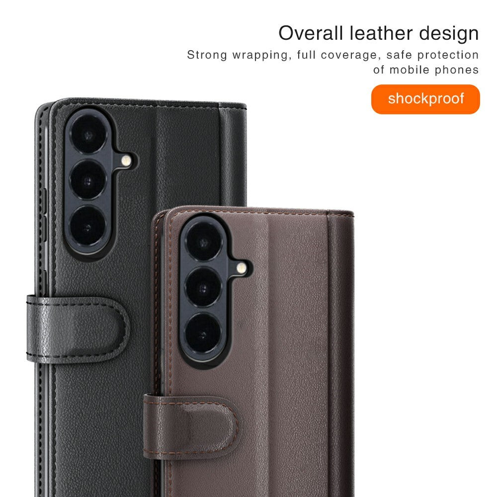 Til Samsung Galaxy S26 FE Cover i ægte splittet læder med pungstativ