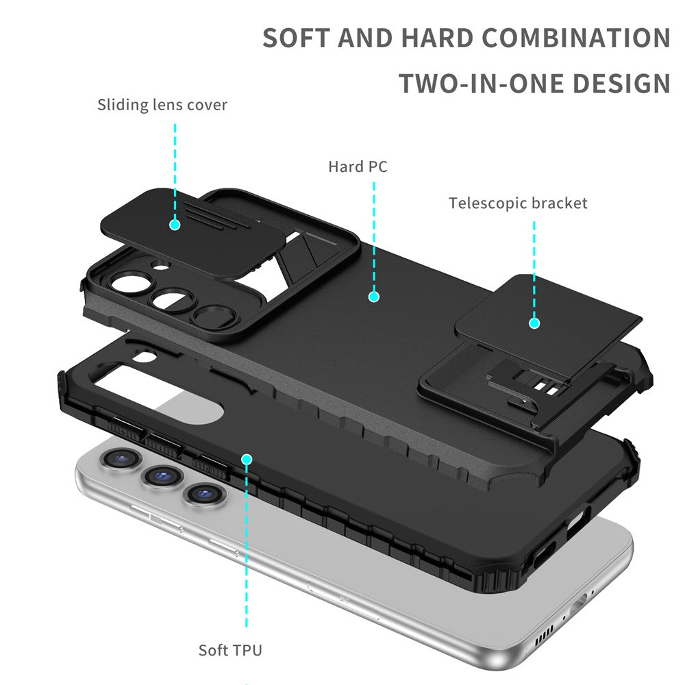 For Samsung Galaxy S23+ Kickstand PC + TPU Phone Case Slide Camera Protector Shockproof Cover