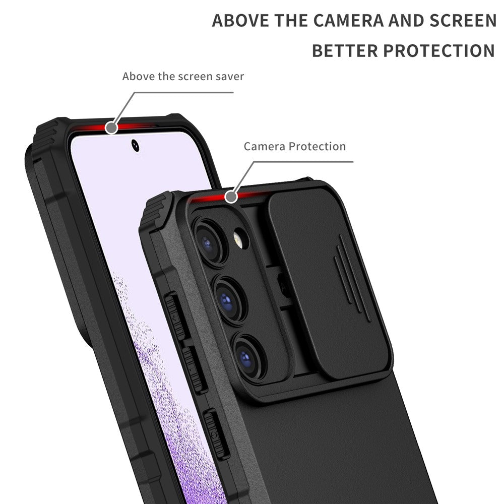 For Samsung Galaxy S23+ Kickstand PC + TPU Phone Case Slide Camera Protector Shockproof Cover