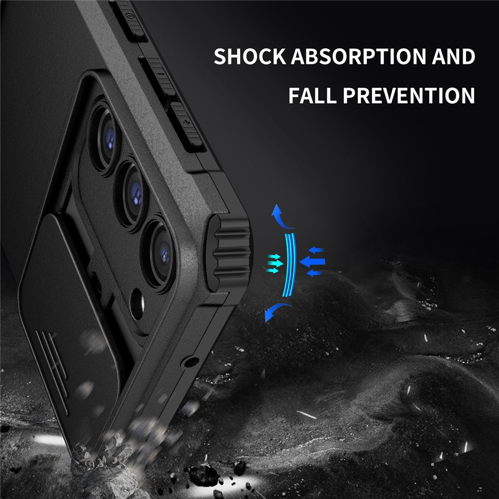 For Samsung Galaxy S23+ Kickstand PC + TPU Phone Case Slide Camera Protector Shockproof Cover