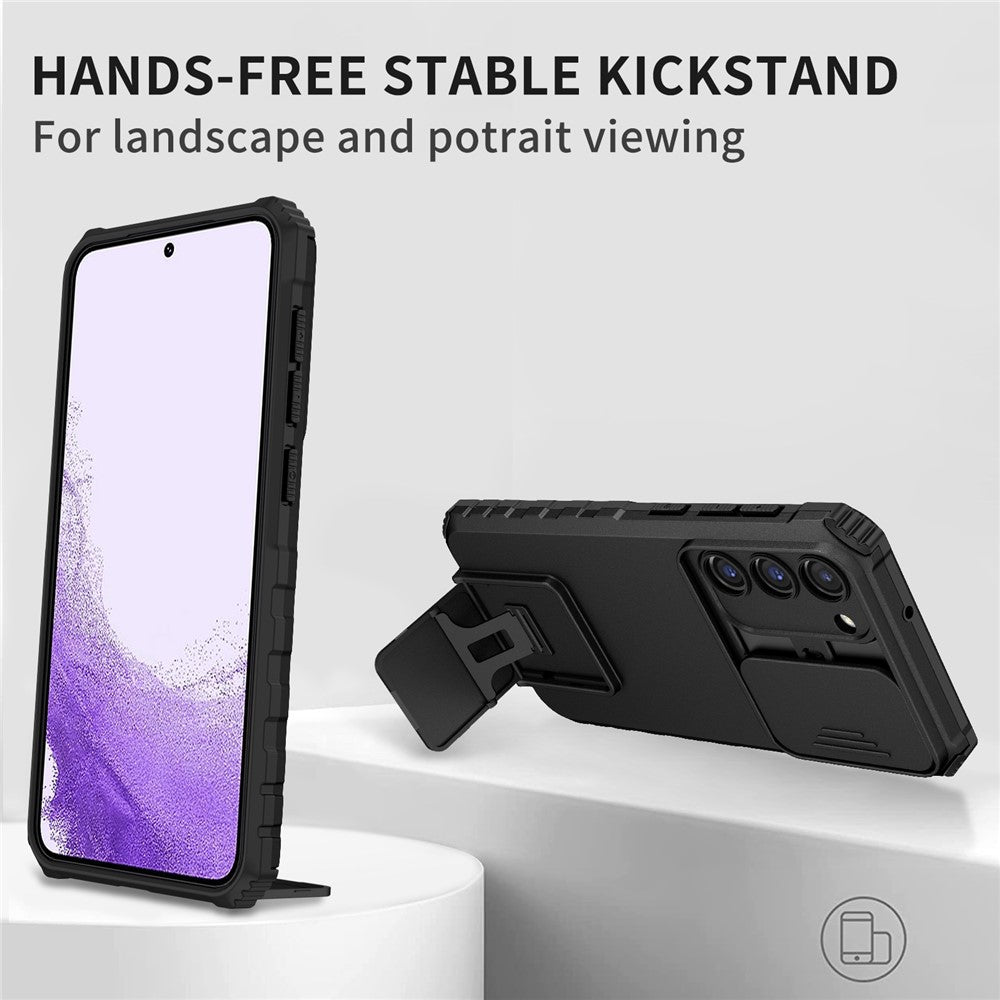 For Samsung Galaxy S23+ Kickstand PC + TPU Phone Case Slide Camera Protector Shockproof Cover
