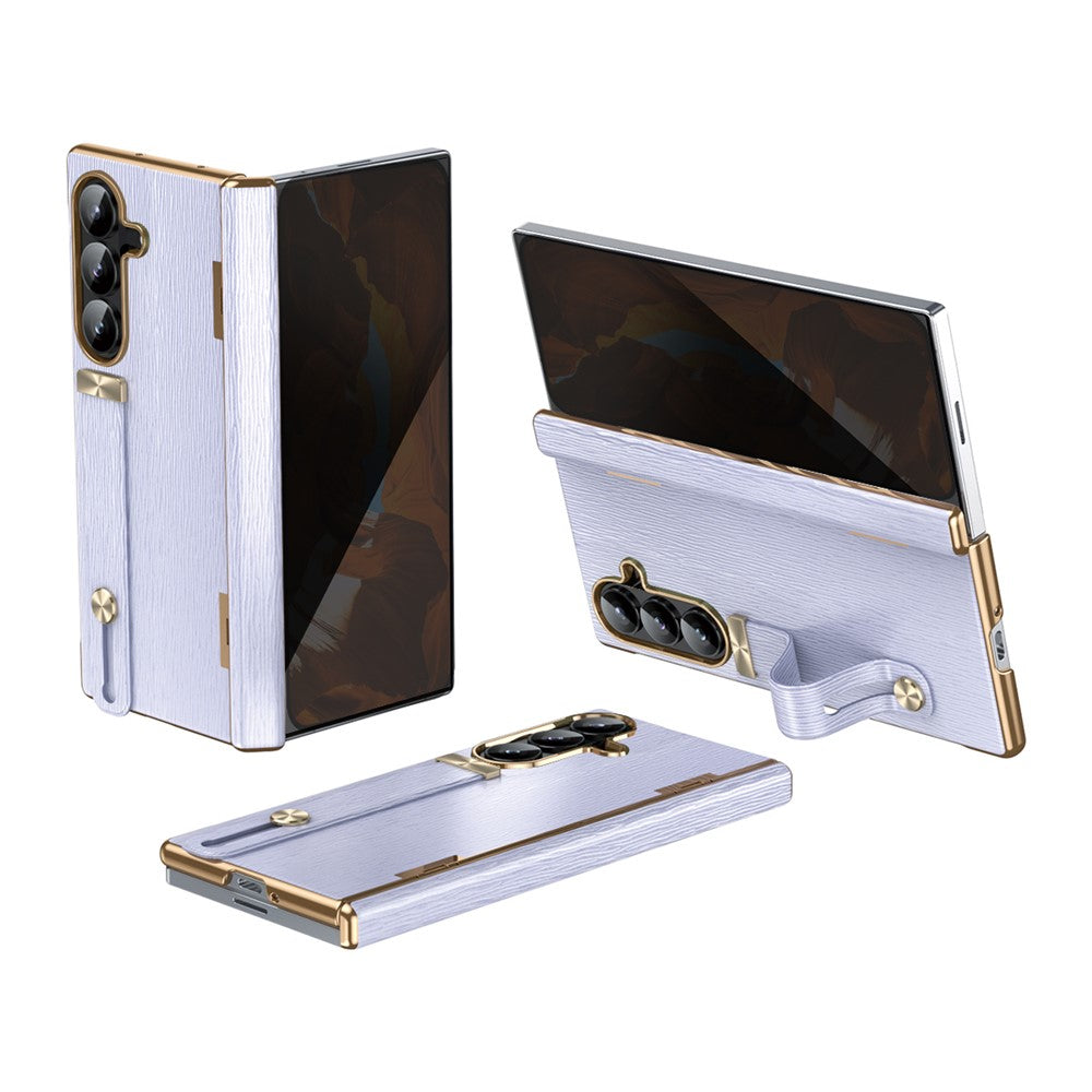 For Samsung Galaxy Z Fold8 Ultra Case Retractable Wrist Strap Kickstand Leather PC Case with Hinge Protection / Tempered Glass Flim