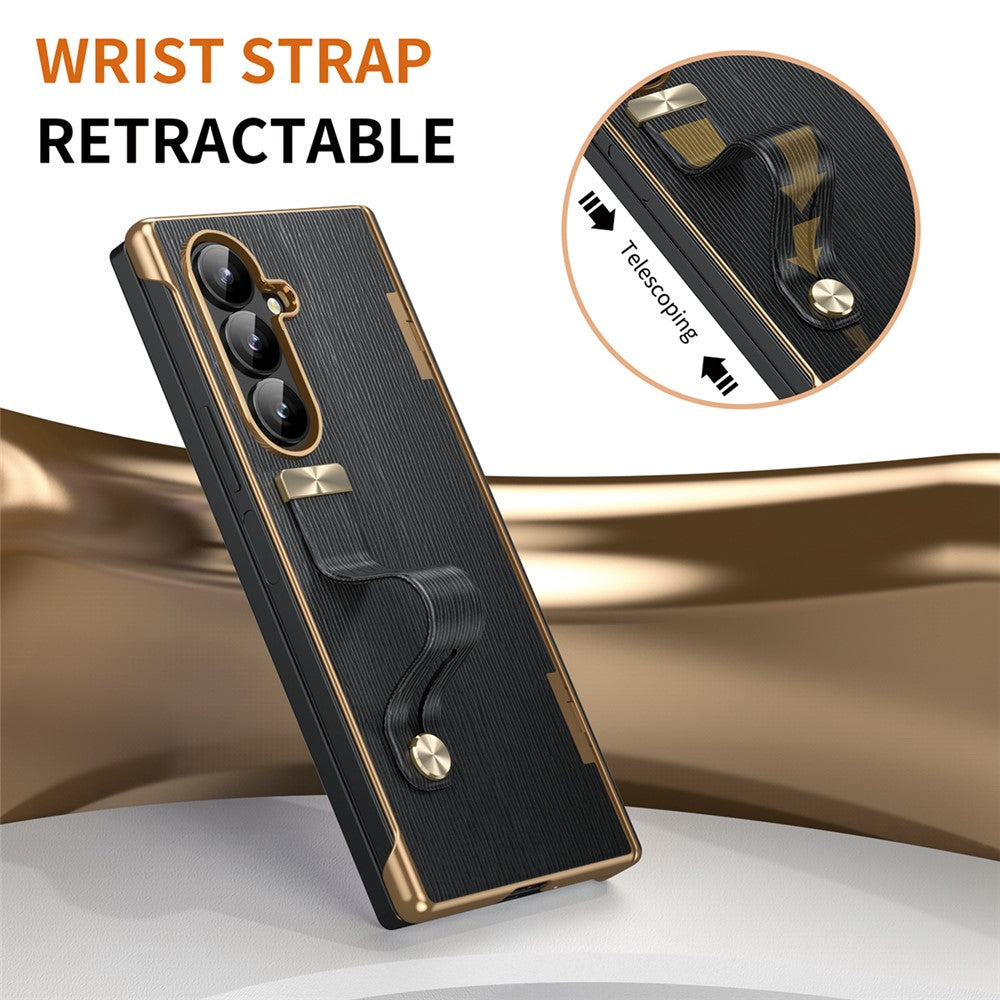 For Samsung Galaxy Z Fold7 5G Case Retractable Wrist Strap Kickstand Leather PC Case with Hinge Protection / Tempered Glass Flim