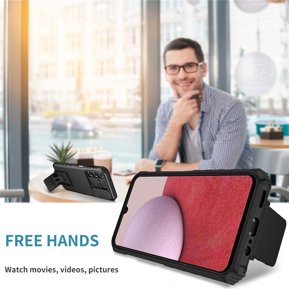 Samsung Galaxy A14 5G / A14 4G-mobilcover med skydeligt kameradæksel i PC + TPU, justerbar støtte og faldsikring