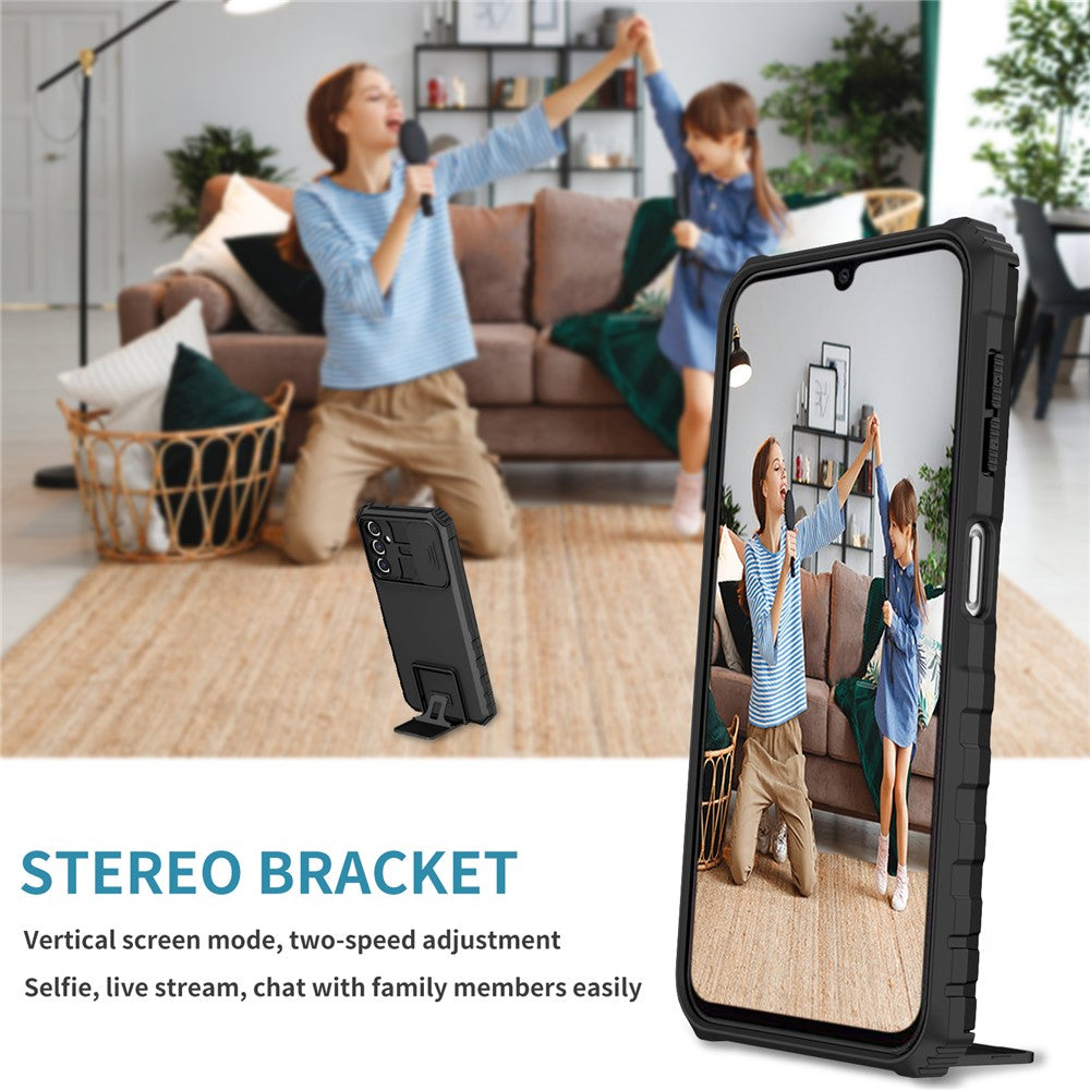 Samsung Galaxy A14 5G / A14 4G-mobilcover med skydeligt kameradæksel i PC + TPU, justerbar støtte og faldsikring