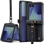 AUTSPACE A01 For Samsung Galaxy Z Flip8 Case Matte PU Leather + PC Folding Phone Cover with Hand Strap