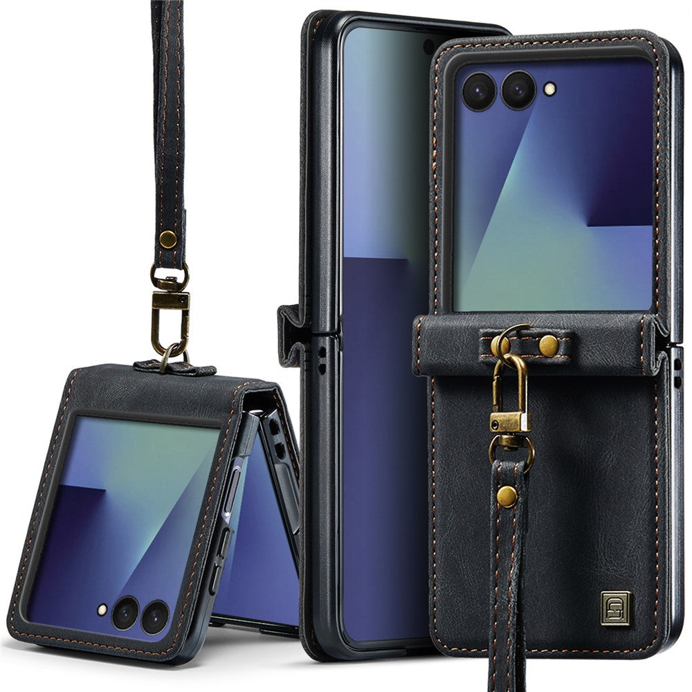AUTSPACE A01 For Samsung Galaxy Z Flip8 Case Matte PU Leather + PC Folding Phone Cover with Hand Strap
