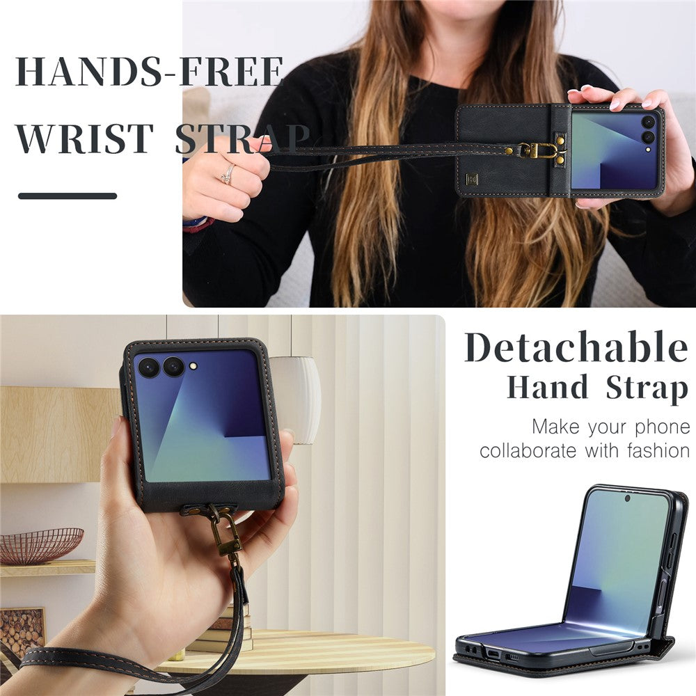 AUTSPACE A01 For Samsung Galaxy Z Flip8 Case Matte PU Leather + PC Folding Phone Cover with Hand Strap