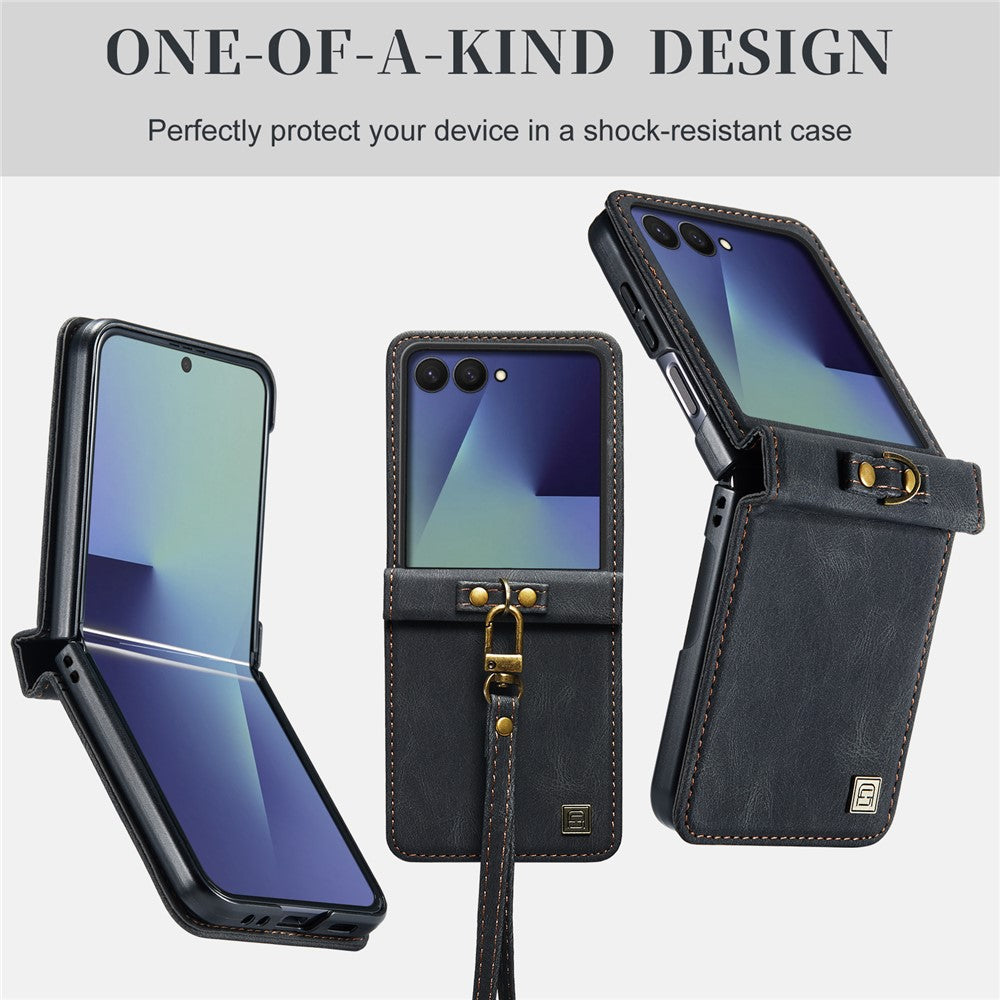 AUTSPACE A01 For Samsung Galaxy Z Flip8 Case Matte PU Leather + PC Folding Phone Cover with Hand Strap