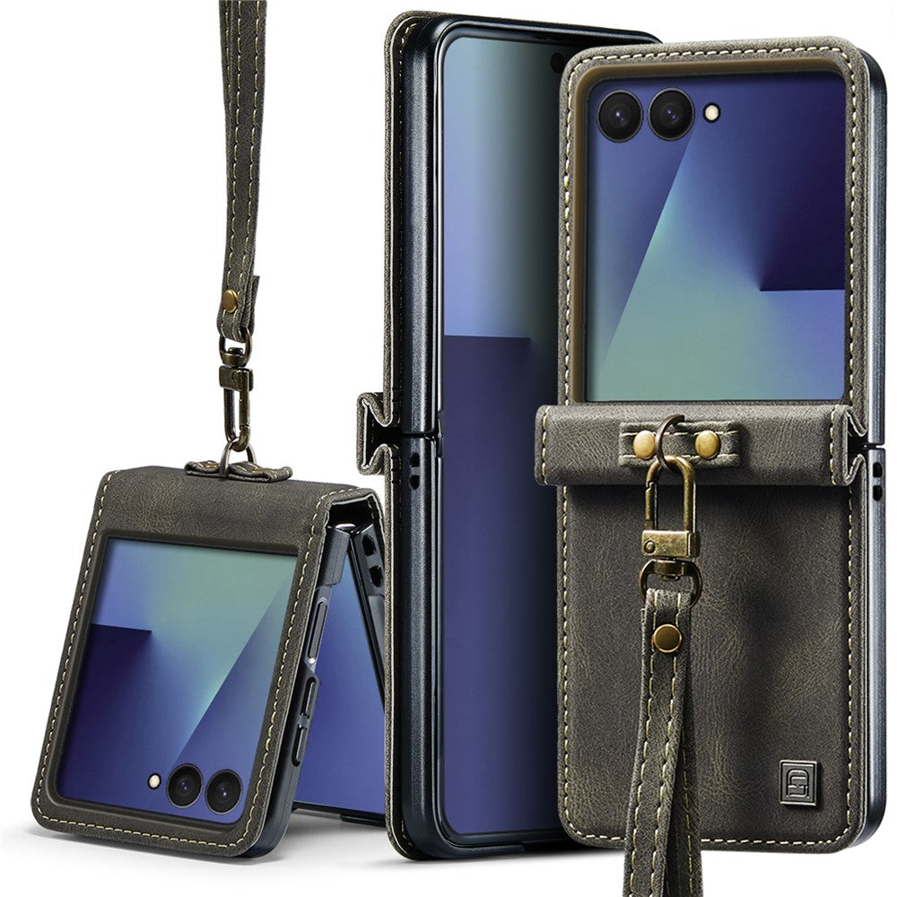 AUTSPACE A01 For Samsung Galaxy Z Flip8 Case Matte PU Leather + PC Folding Phone Cover with Hand Strap