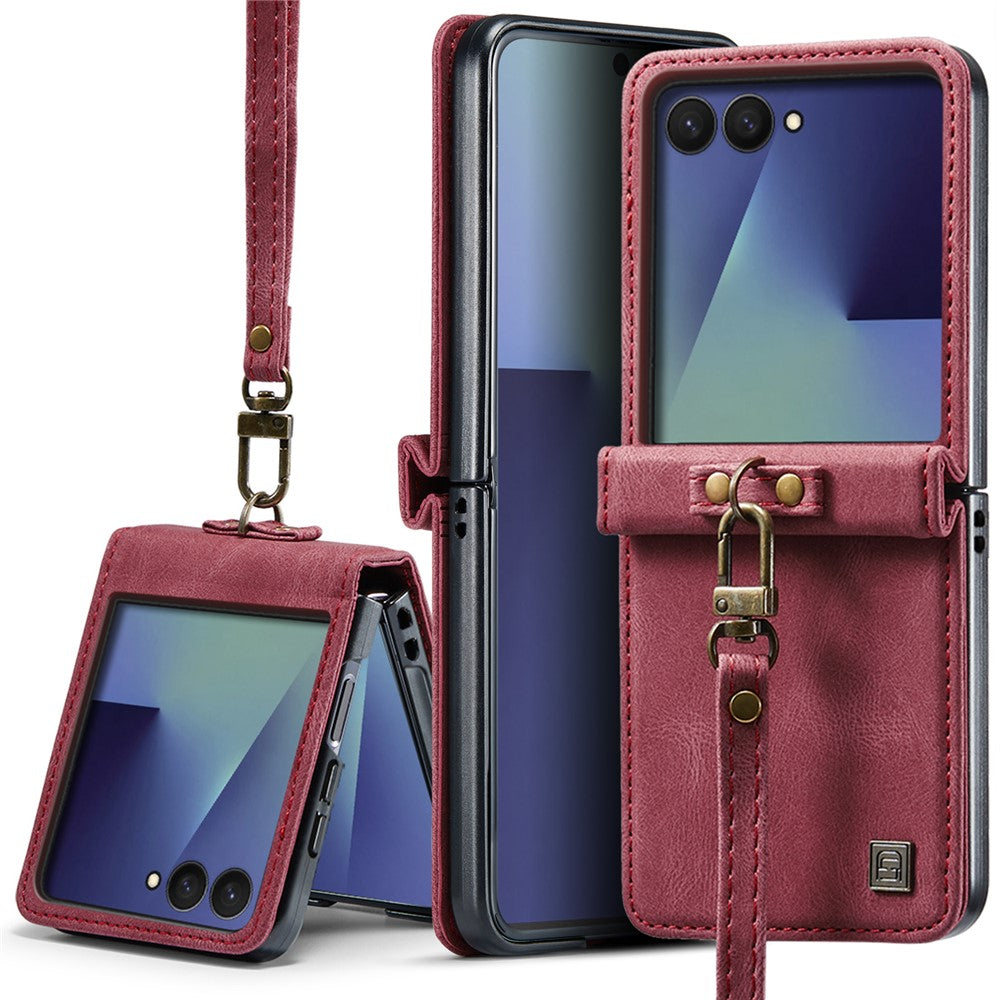 AUTSPACE A01 For Samsung Galaxy Z Flip8 Case Matte PU Leather + PC Folding Phone Cover with Hand Strap