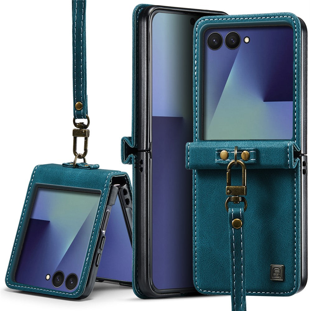 AUTSPACE A01 For Samsung Galaxy Z Flip8 Case Matte PU Leather + PC Folding Phone Cover with Hand Strap