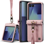AUTSPACE A01 For Samsung Galaxy Z Flip8 Case Matte PU Leather + PC Folding Phone Cover with Hand Strap