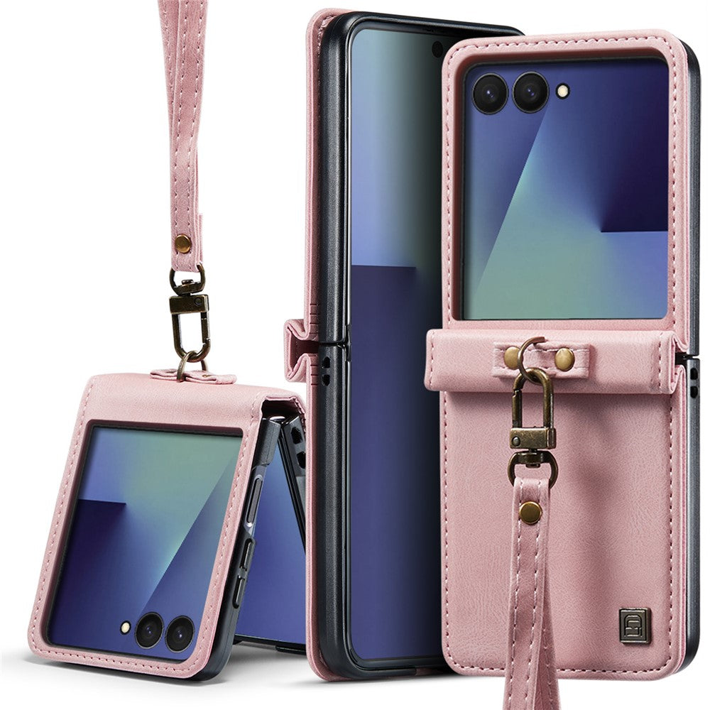 AUTSPACE A01 For Samsung Galaxy Z Flip8 Case Matte PU Leather + PC Folding Phone Cover with Hand Strap