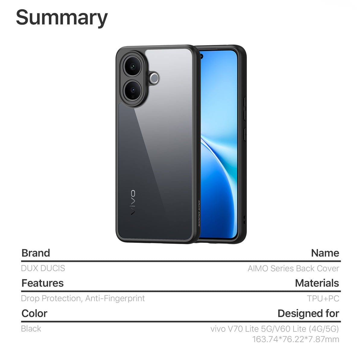 DUX DUCIS til vivo V60 Lite 5G / vivo V60 Lite 4G / vivo V70 Lite 5G Aimo Series PC + TPU Gennemsigtigt Bagcover (REACH certificering)