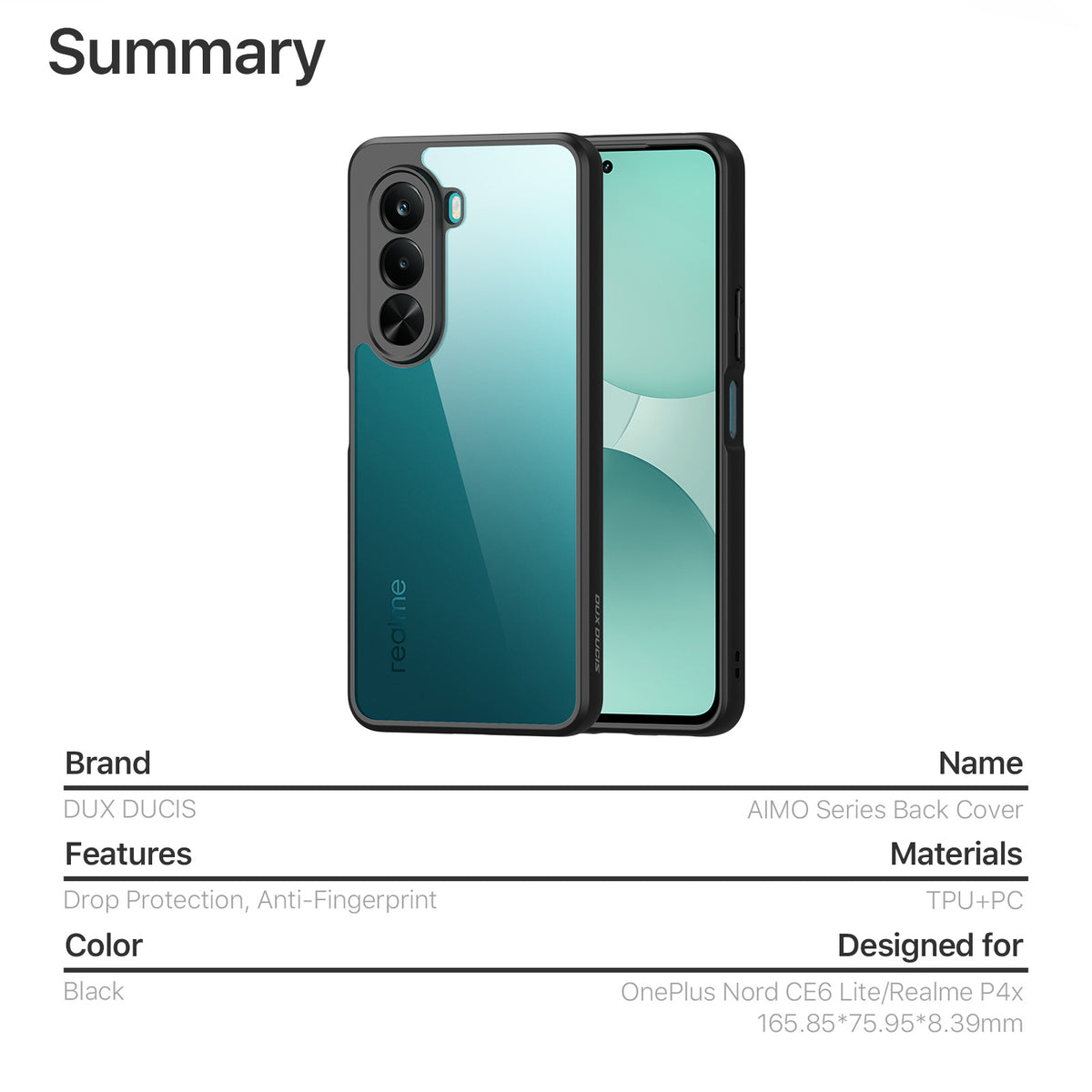 DUX DUCIS for Realme P4x 5G / OnePlus Nord CE6 Lite 5G Aimo Series PC + TPU Clear Back Phone Cover (REACH Certification)