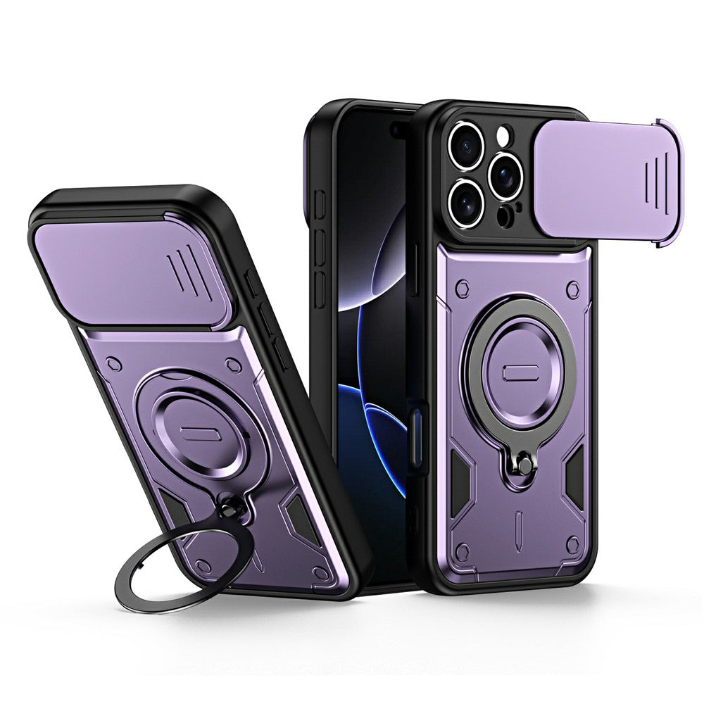 Til iPhone 16 Pro Max-cover med skydelinsedæksel, drejelig støttefod, stødsikker TPU + pc-telefoncover
