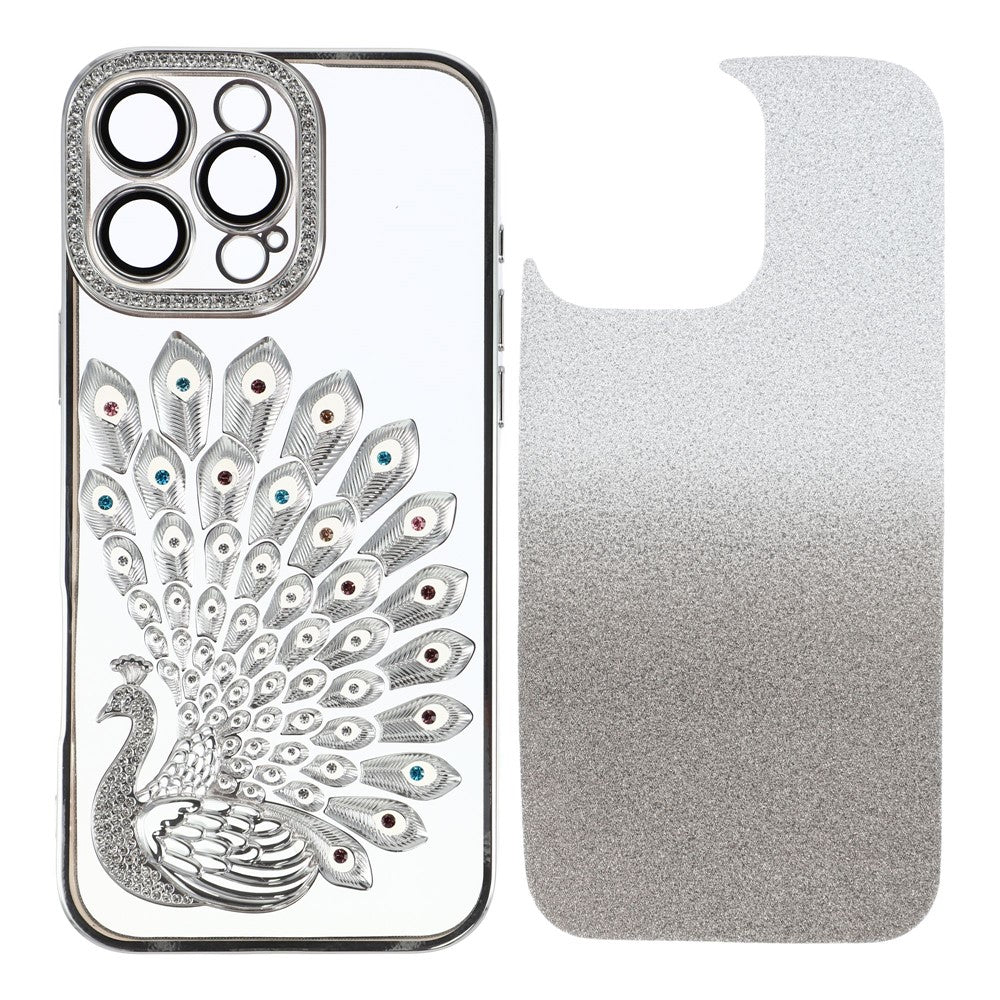 Til iPhone 16 Pro Max cover 3D påfugl elektroplettering rhinsten TPU telefoncover med glimmerkort