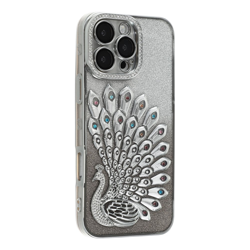 Til iPhone 16 Pro Max cover 3D påfugl elektroplettering rhinsten TPU telefoncover med glimmerkort
