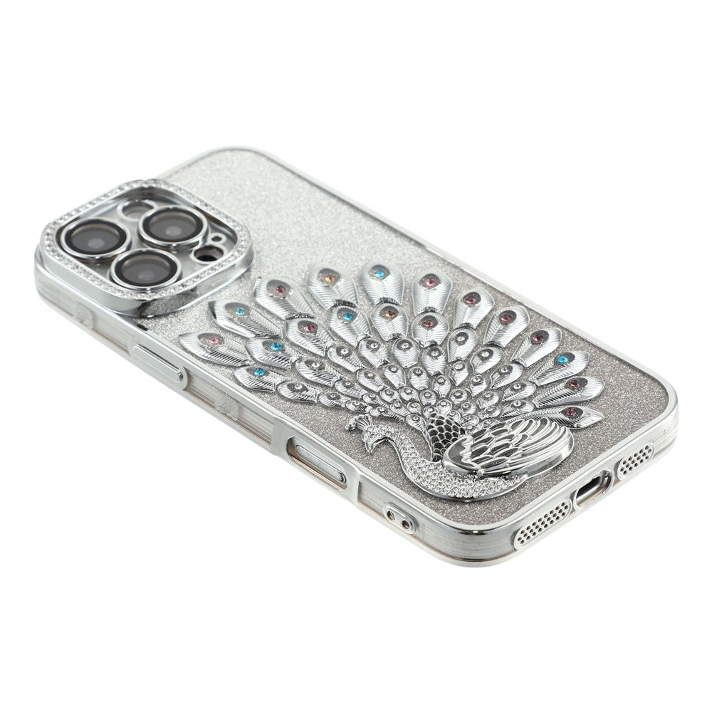 Til iPhone 16 Pro Max cover 3D påfugl elektroplettering rhinsten TPU telefoncover med glimmerkort