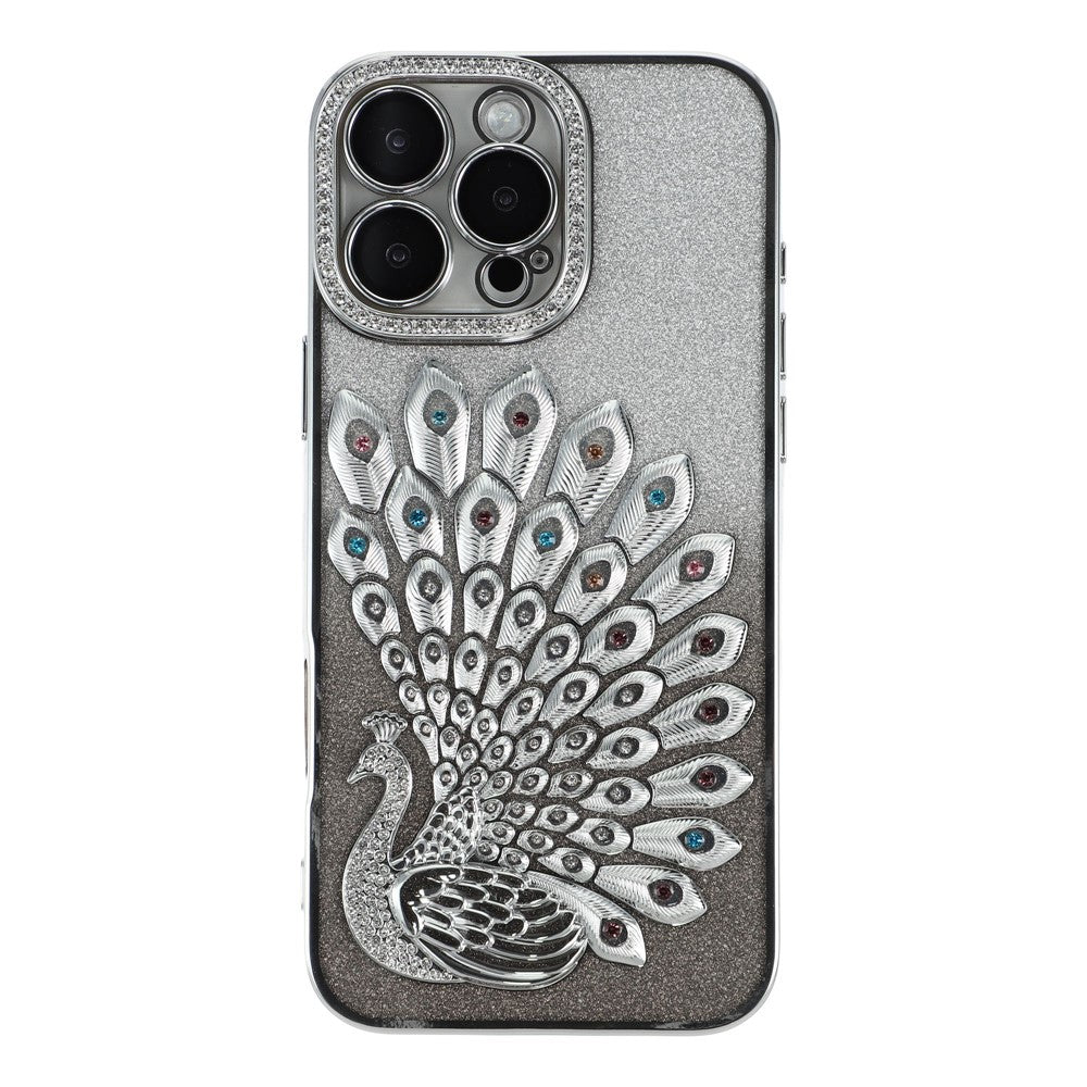 Til iPhone 15 Pro Cover 3D Påfugl Galvanisering Rhinsten TPU Telefoncover med Glitterkort