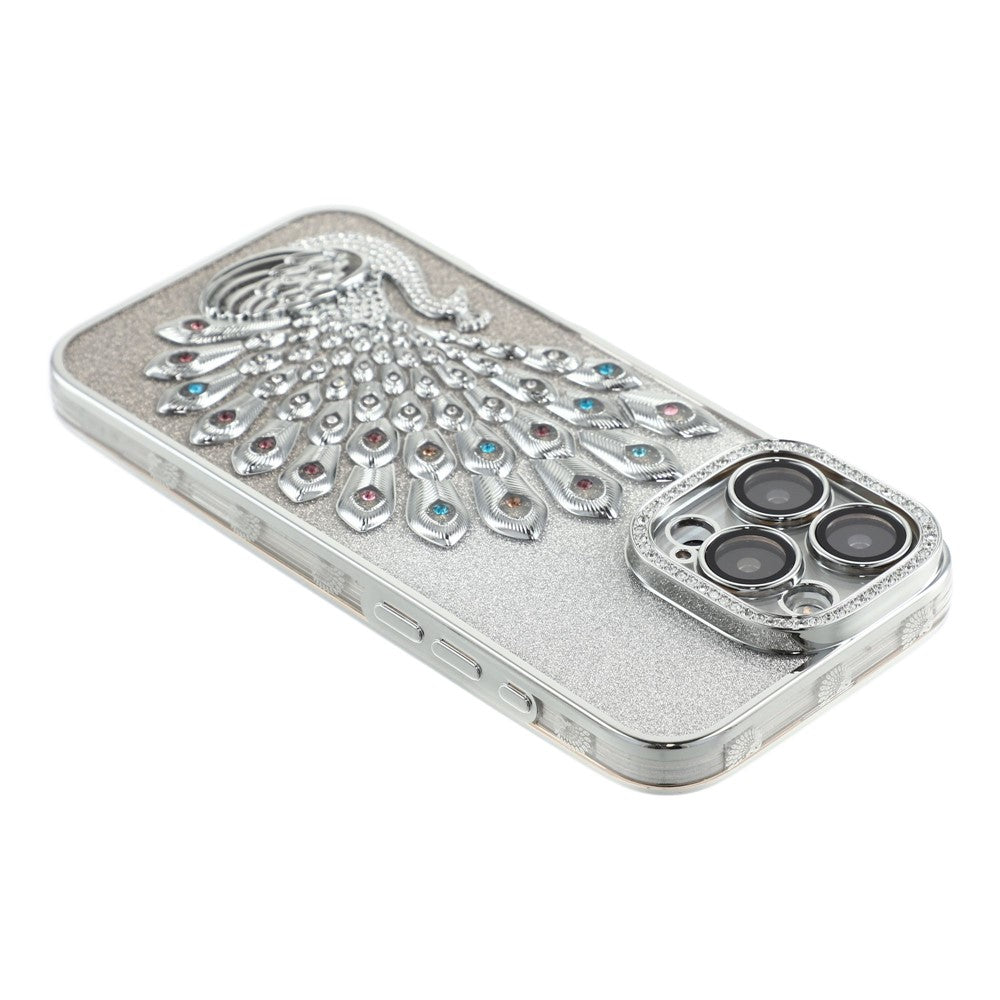 Til iPhone 15 Pro Cover 3D Påfugl Galvanisering Rhinsten TPU Telefoncover med Glitterkort