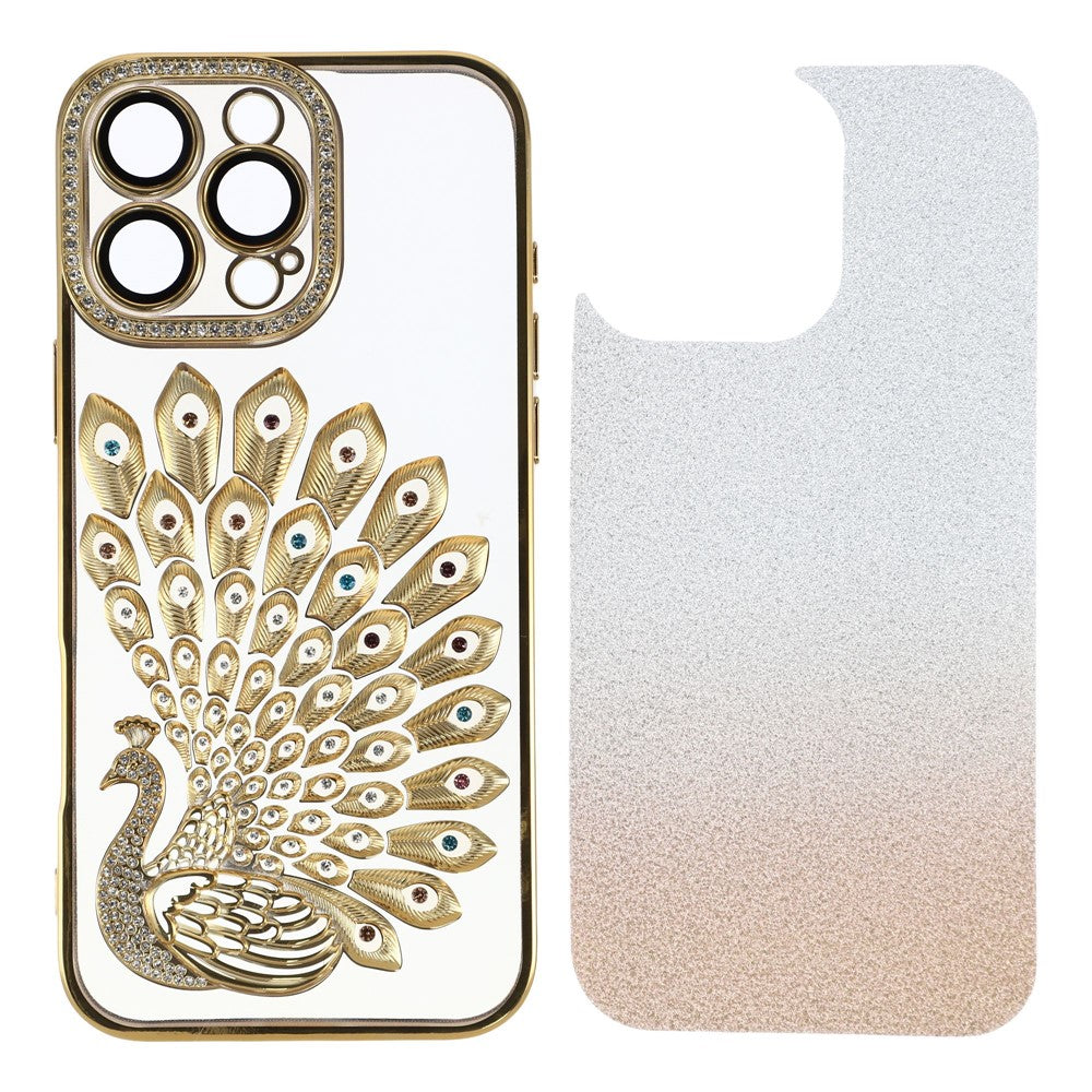 Til iPhone 15 Pro Cover 3D Påfugl Galvanisering Rhinsten TPU Telefoncover med Glitterkort