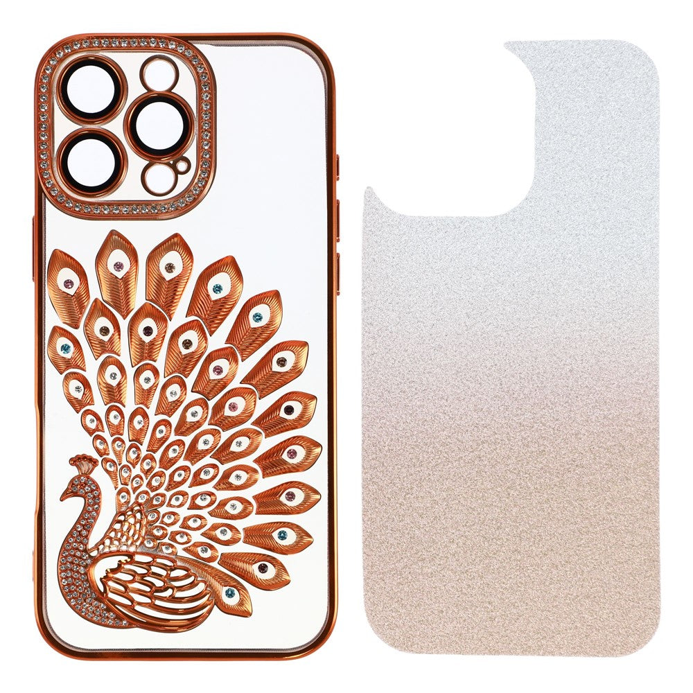Til iPhone 15 Pro Cover 3D Påfugl Galvanisering Rhinsten TPU Telefoncover med Glitterkort
