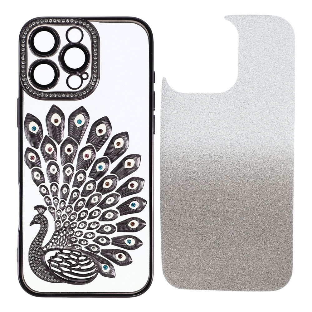 Til iPhone 15 Pro Cover 3D Påfugl Galvanisering Rhinsten TPU Telefoncover med Glitterkort
