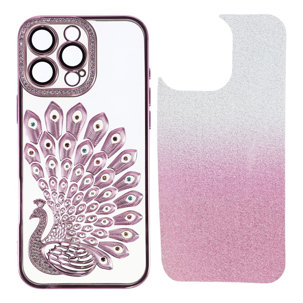 Til iPhone 15 Pro Cover 3D Påfugl Galvanisering Rhinsten TPU Telefoncover med Glitterkort