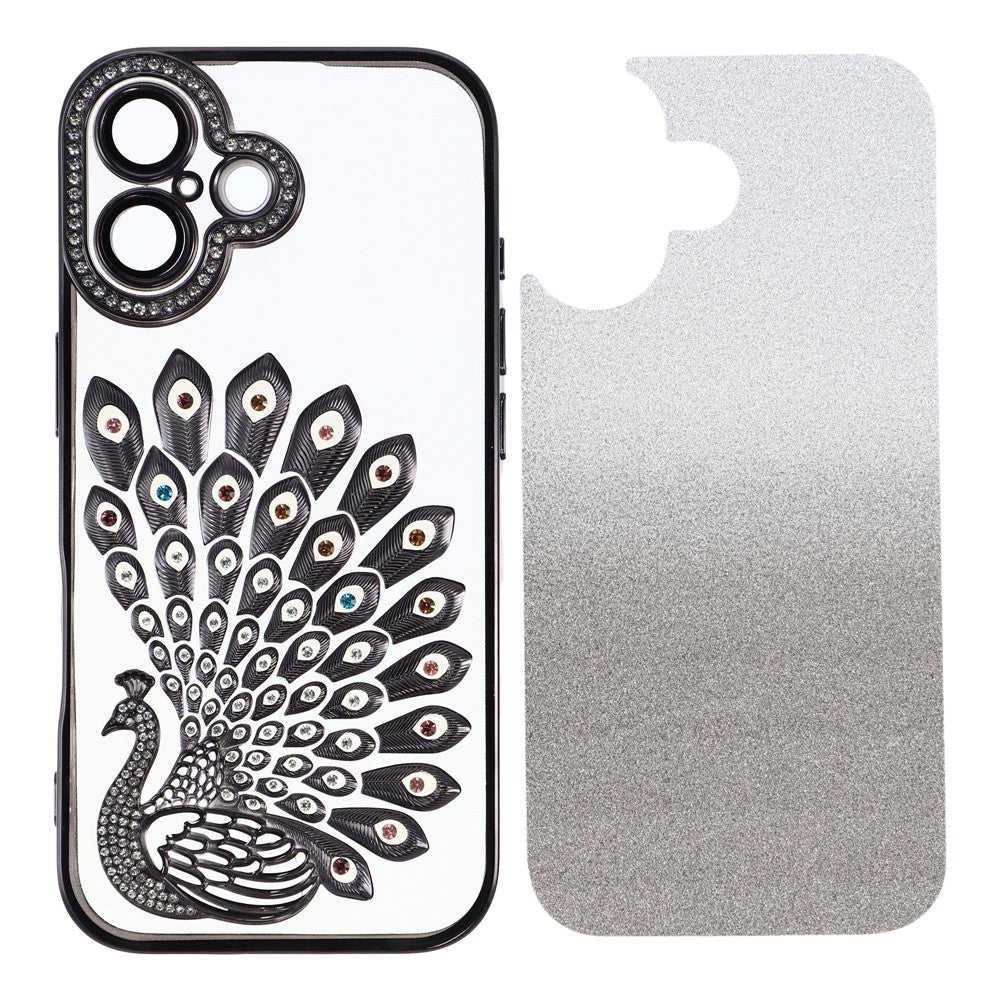 For iPhone 16 Plus Case 3D Peacock Electroplating Rhinestone TPU Phone Cover with Glitter Card
