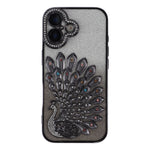 For iPhone 16 Plus Case 3D Peacock Electroplating Rhinestone TPU Phone Cover with Glitter Card