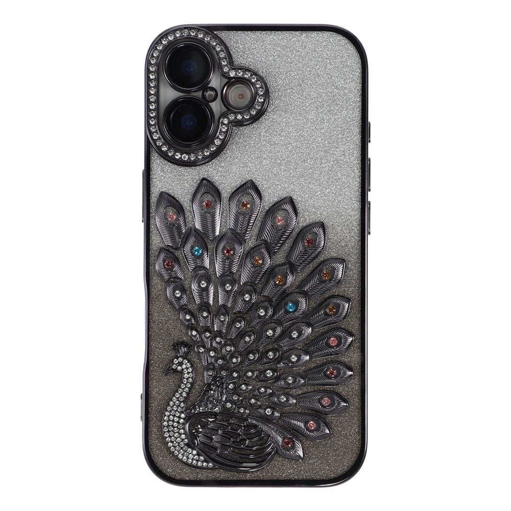 For iPhone 16 Plus Case 3D Peacock Electroplating Rhinestone TPU Phone Cover with Glitter Card