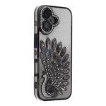 For iPhone 16 Plus Case 3D Peacock Electroplating Rhinestone TPU Phone Cover with Glitter Card