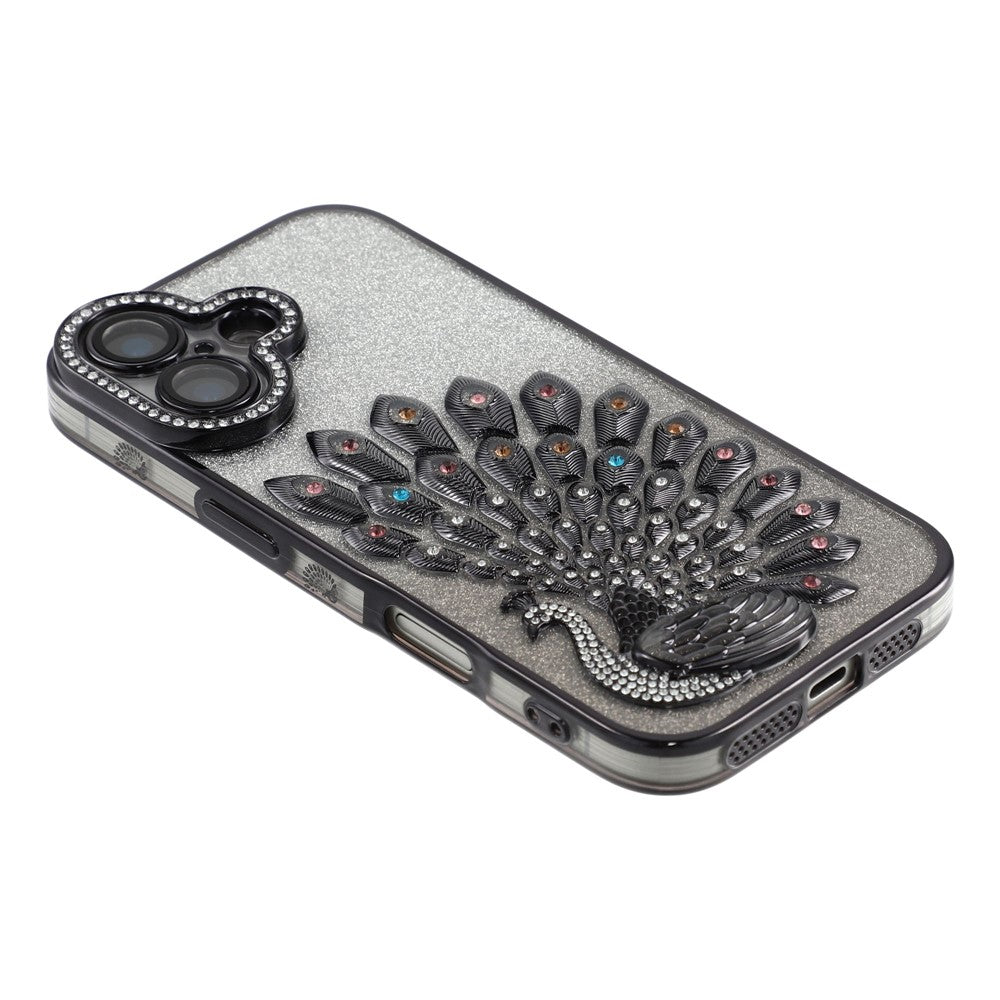For iPhone 16 Plus Case 3D Peacock Electroplating Rhinestone TPU Phone Cover with Glitter Card