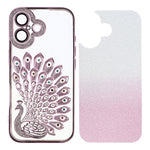 For iPhone 16 Plus Case 3D Peacock Electroplating Rhinestone TPU Phone Cover with Glitter Card