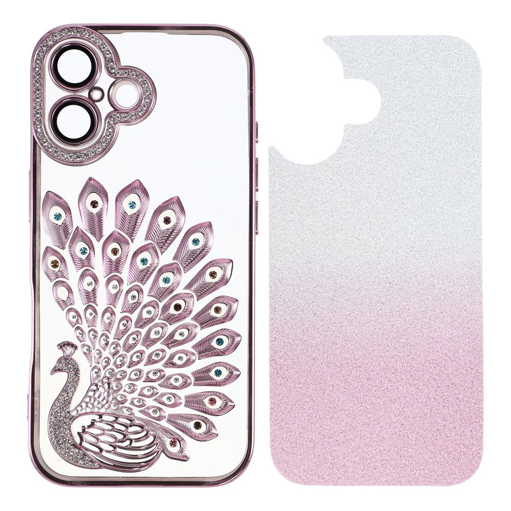 For iPhone 16 Plus Case 3D Peacock Electroplating Rhinestone TPU Phone Cover with Glitter Card